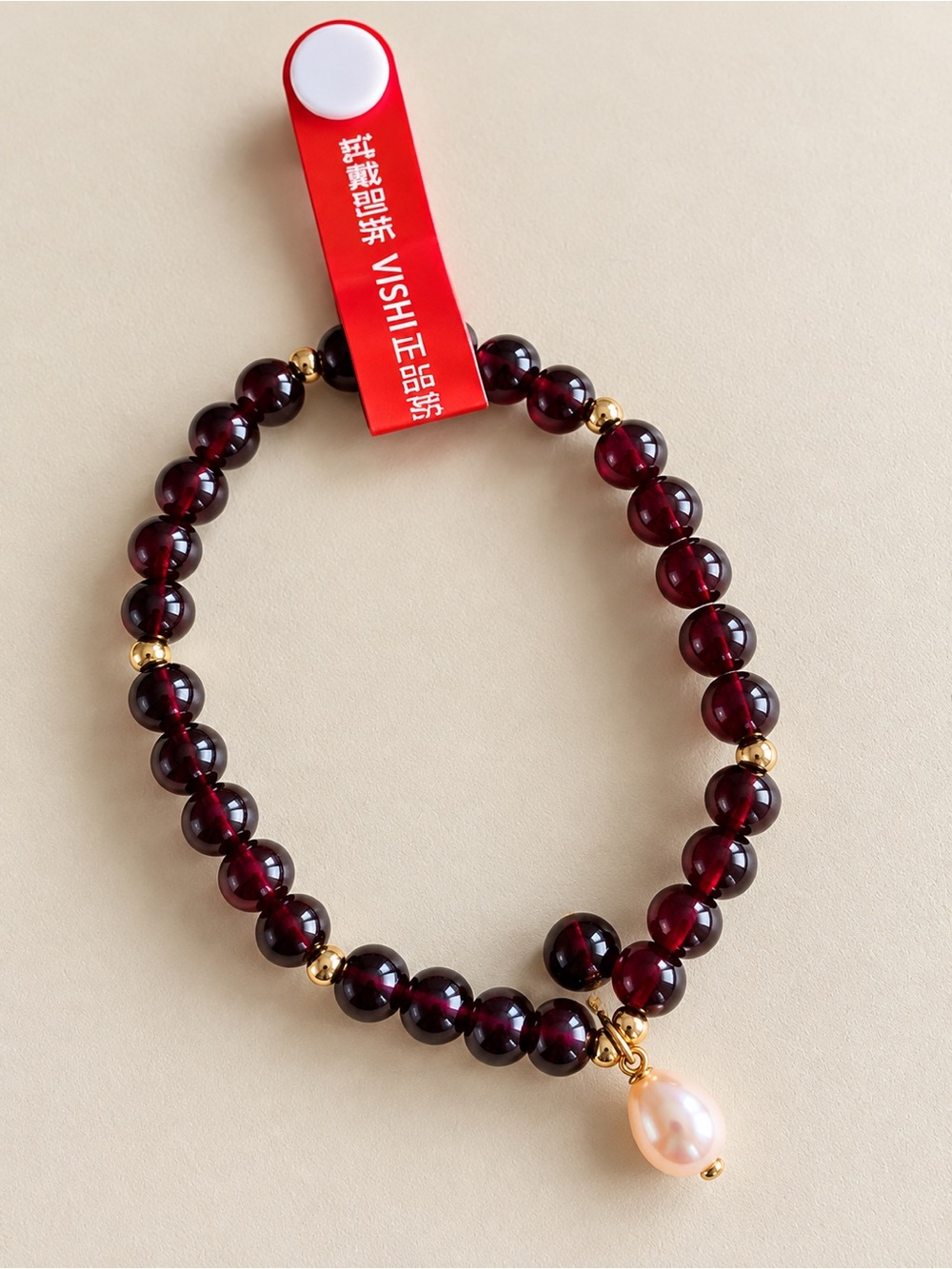 Garnet Beaded Bracelet with Gold Accents and Peach Pearl Charm